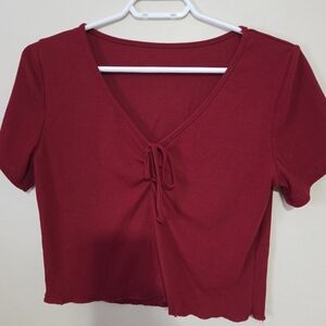 Ribbed Tie-Front Short Sleeve Top - Red